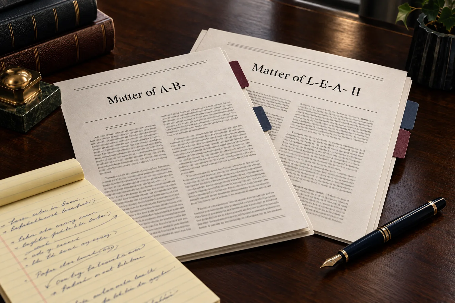 Editorial illustration of the Matter of A-B- and Matter of L-E-A- II decisions under review